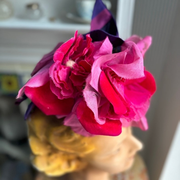 True Vintage 1940s Pink And Purple Floral And Stripe Bow Hat Fascinator main image 10